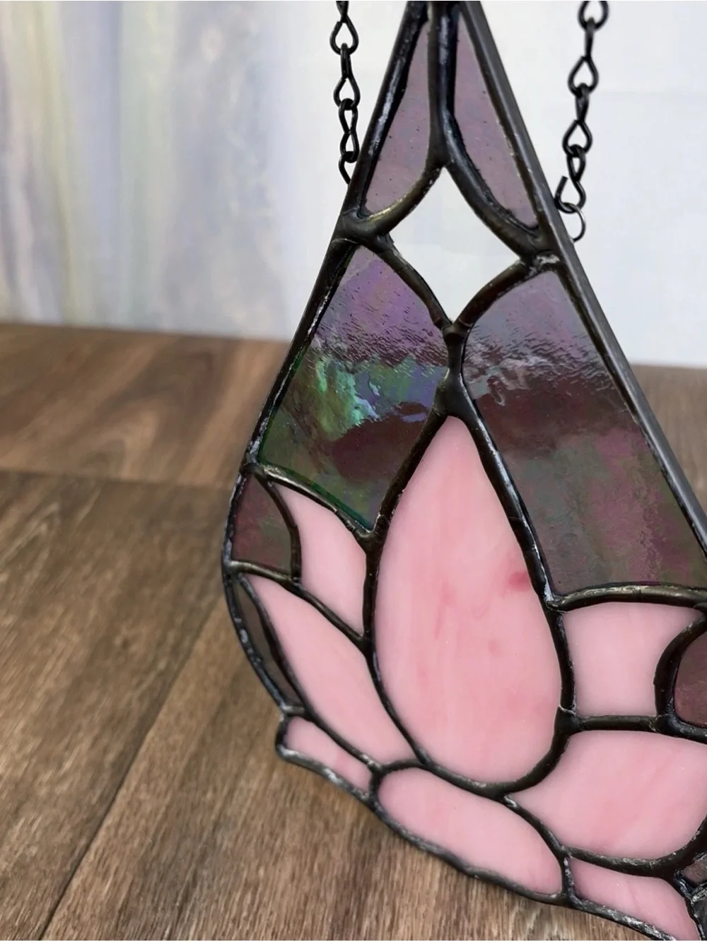 Teardrop Shaped Pink Lotus Stained Glass Sun Catcher Window Hanging 9